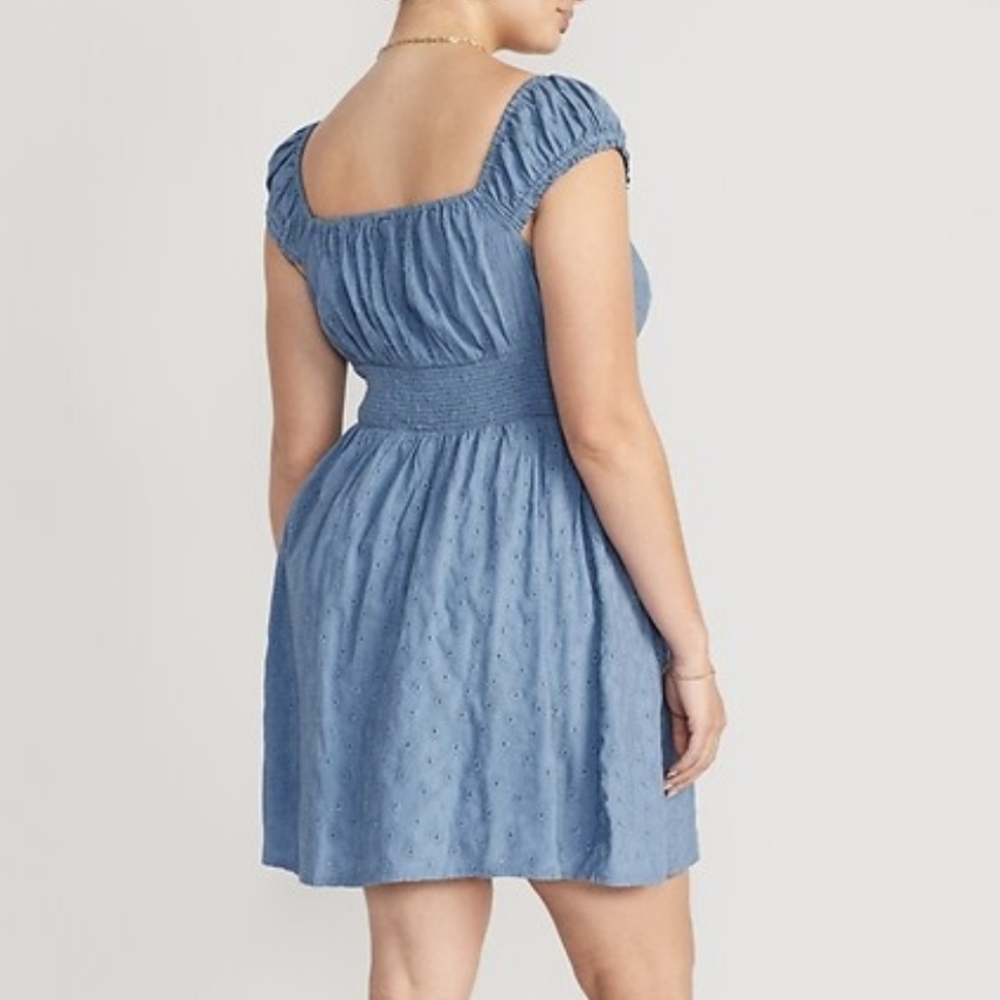 Old Navy Blue Embroidered Eyelet Waist-Defined Smocked Mini Dress - Picture 4 of 10